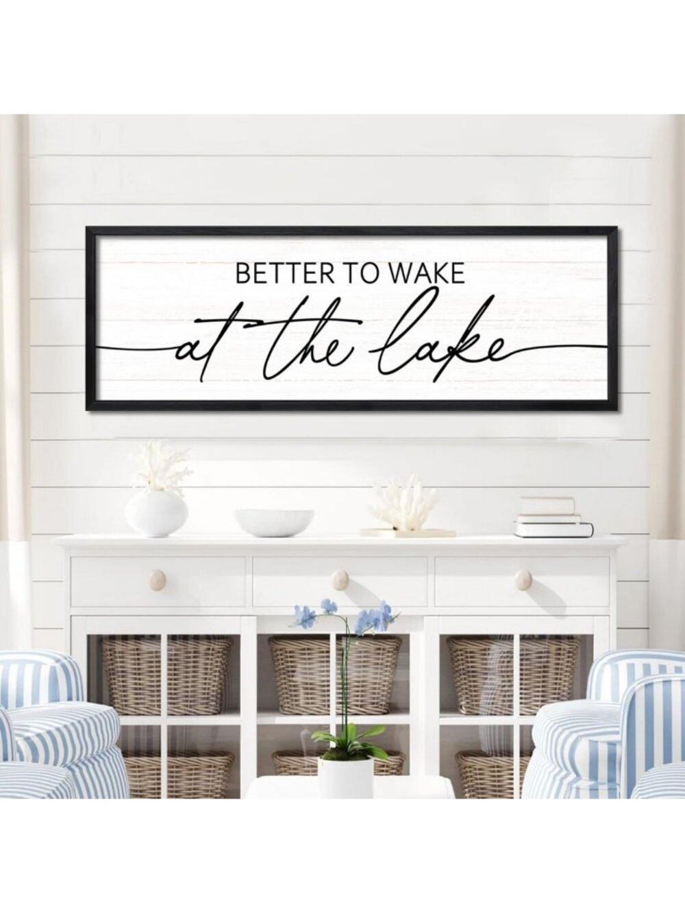 Better to Wake at the Lake Wall Decor - Rustic 40x15 Inch Black Sign Art